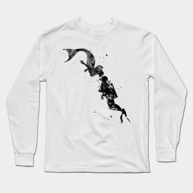 Mermaid kissing a sea diver Long Sleeve T-Shirt by erzebeth